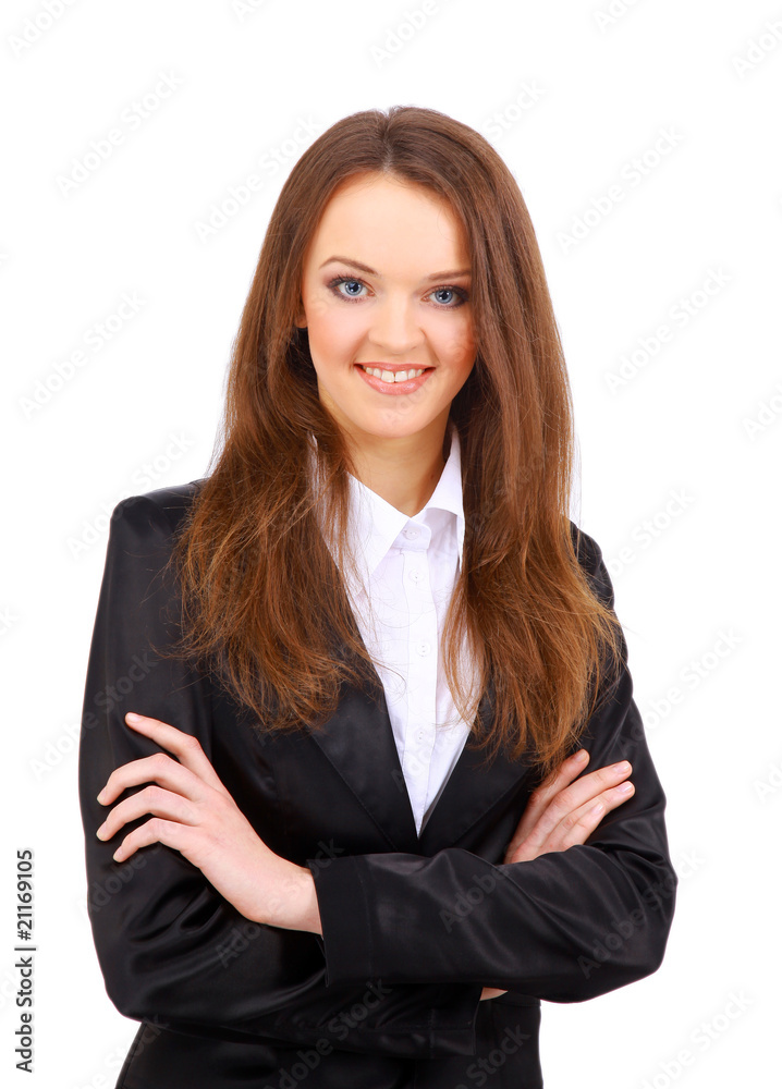 Positive business woman smiling over white background. Positive business woman smiling over white background.