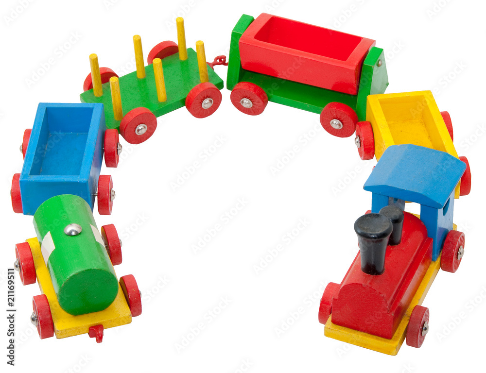 Fototapeta premium Bunte Holzeisenbahn mit Waggons