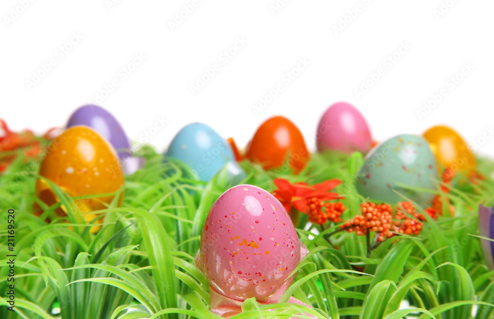 Colorful Easter Eggs On Green Grass. Isolated on white. Colorful Easter Eggs On Green Grass. Isolated on white.