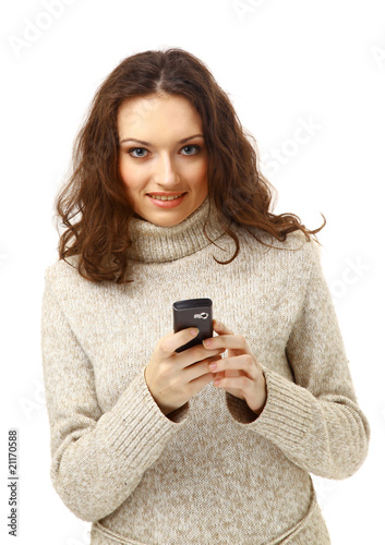 woman on phone isolated on white background.