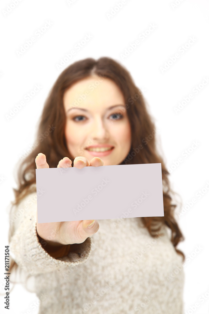 Young woman holding an empty billboard over white background Young woman holding an empty billboard over white background