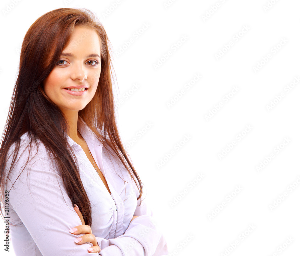 Positive business woman smiling over white background. Positive business woman smiling over white background.