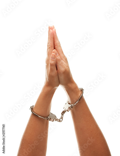 Handcuffed Woman Raising Hands in Air on White