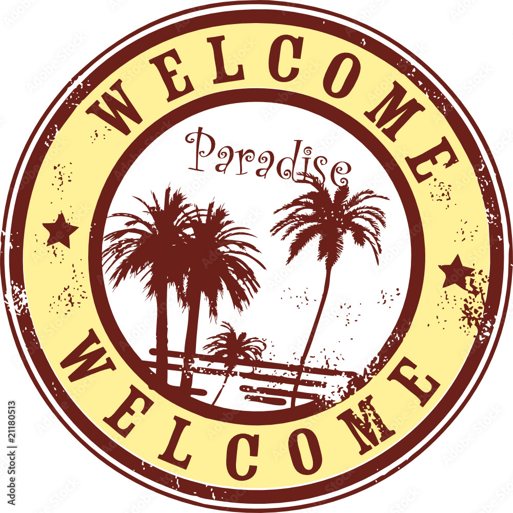 Grunge rubber stamp with palm - welcome to paradise