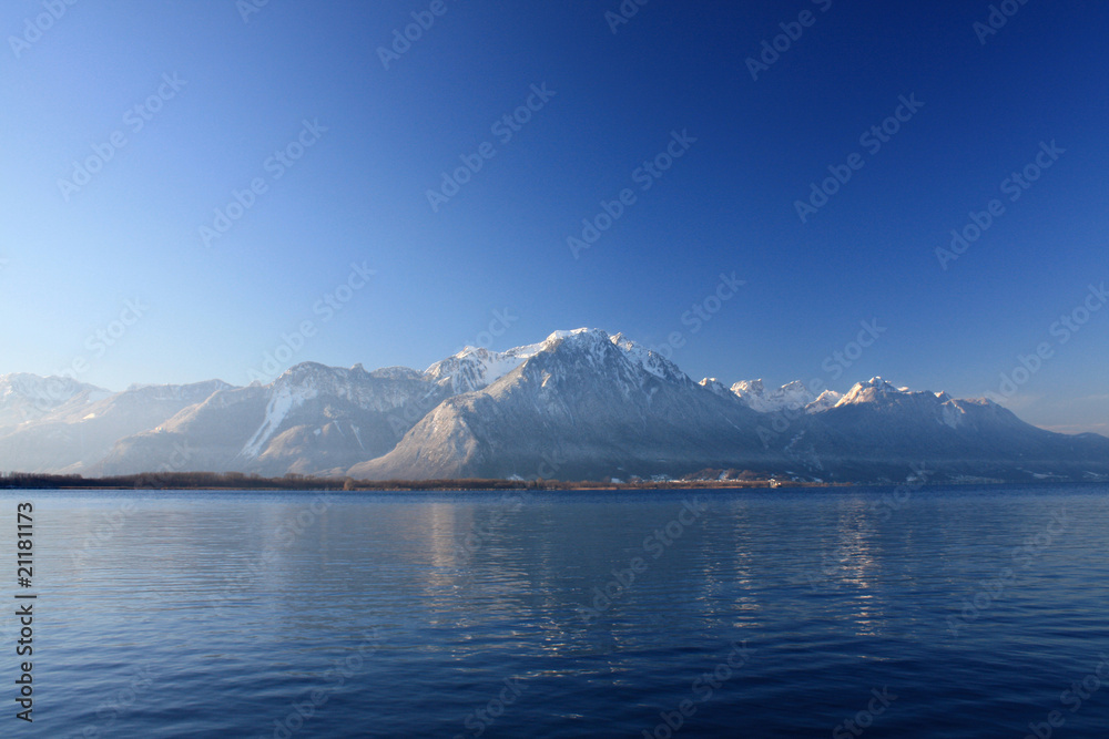 Mountain reflections in Lake Geneva, Switzerland