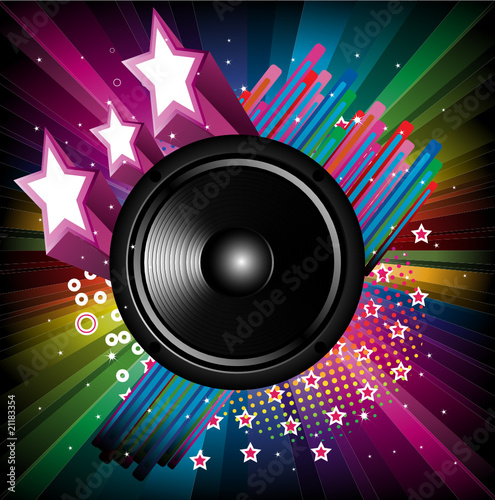 rainbow background with  black speaker and stars