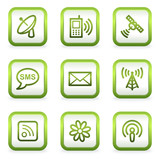 Communication web icons, square buttons, green contour