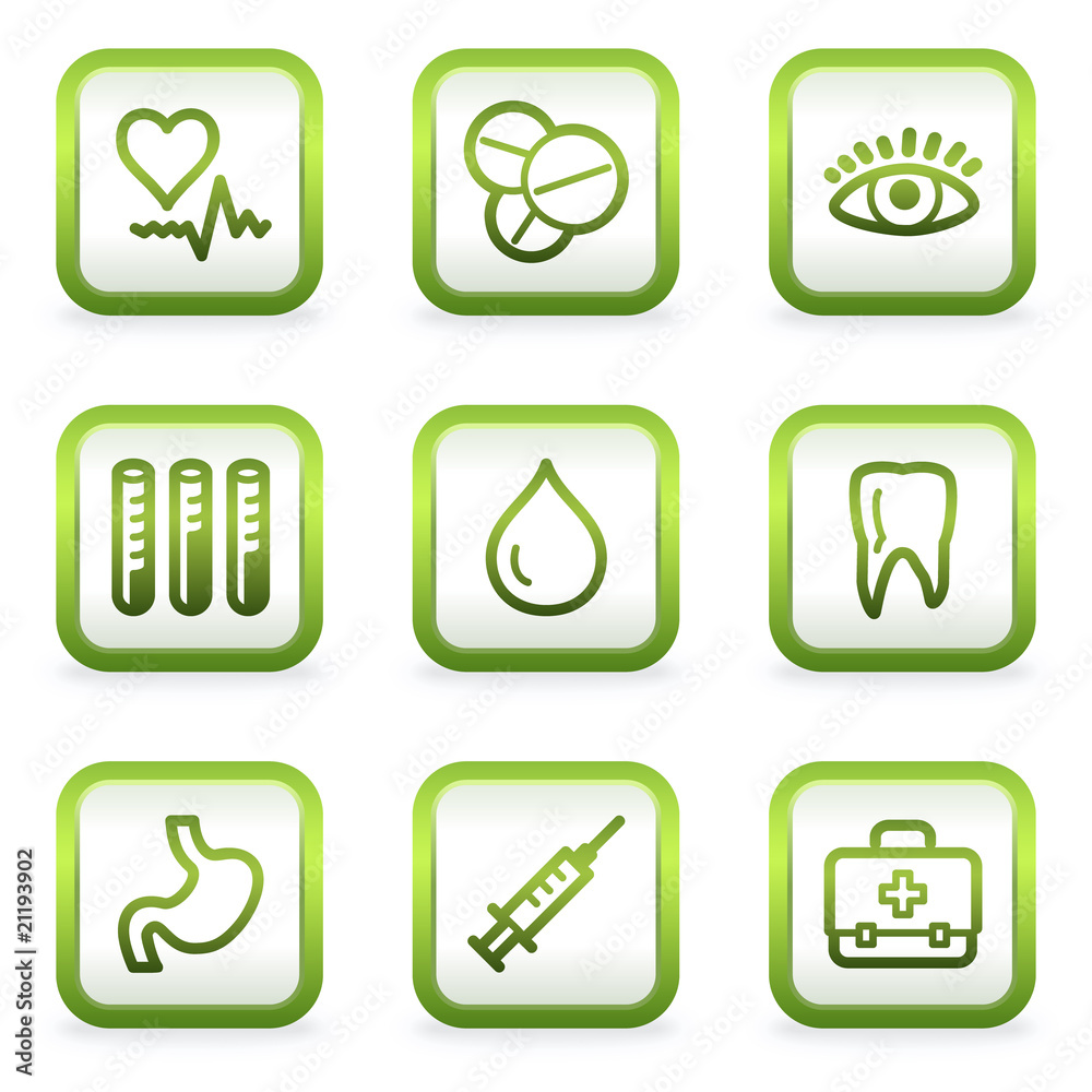 Medicine web icons set 1, square buttons, green contour Medicine web icons set 1, square buttons, green contour
