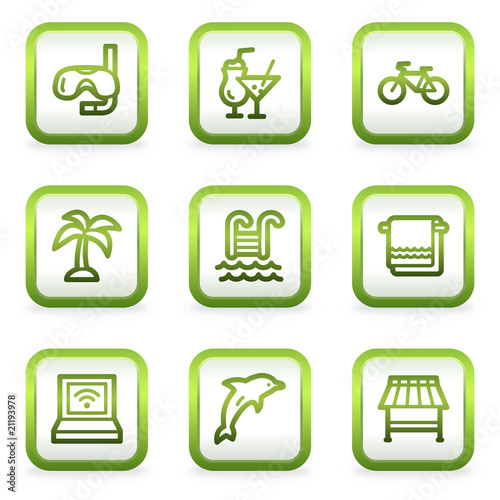 Vacation web icons, square buttons, green contour