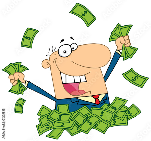 Salesman playing in  a pile of money