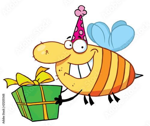 Happy bee carries gift