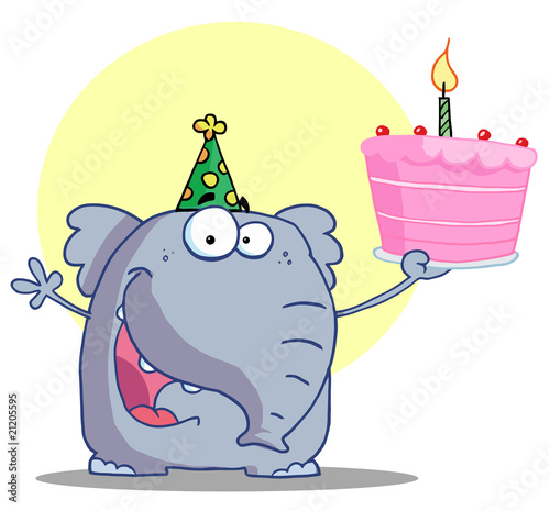 Happy elephant holds birthday cake
