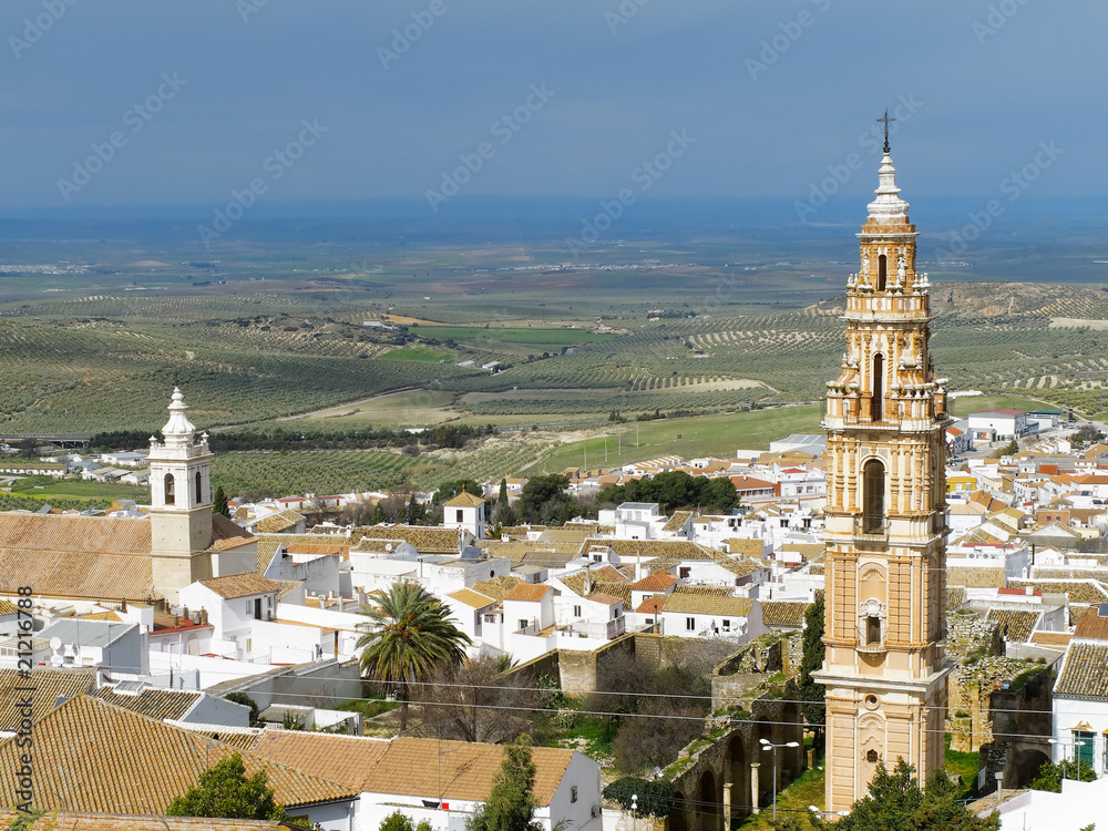 Aerial view of Estepa, Andalucia with the tower of Victory