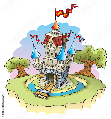 Cartoon fantasy castle, surrounded by water moat, vector