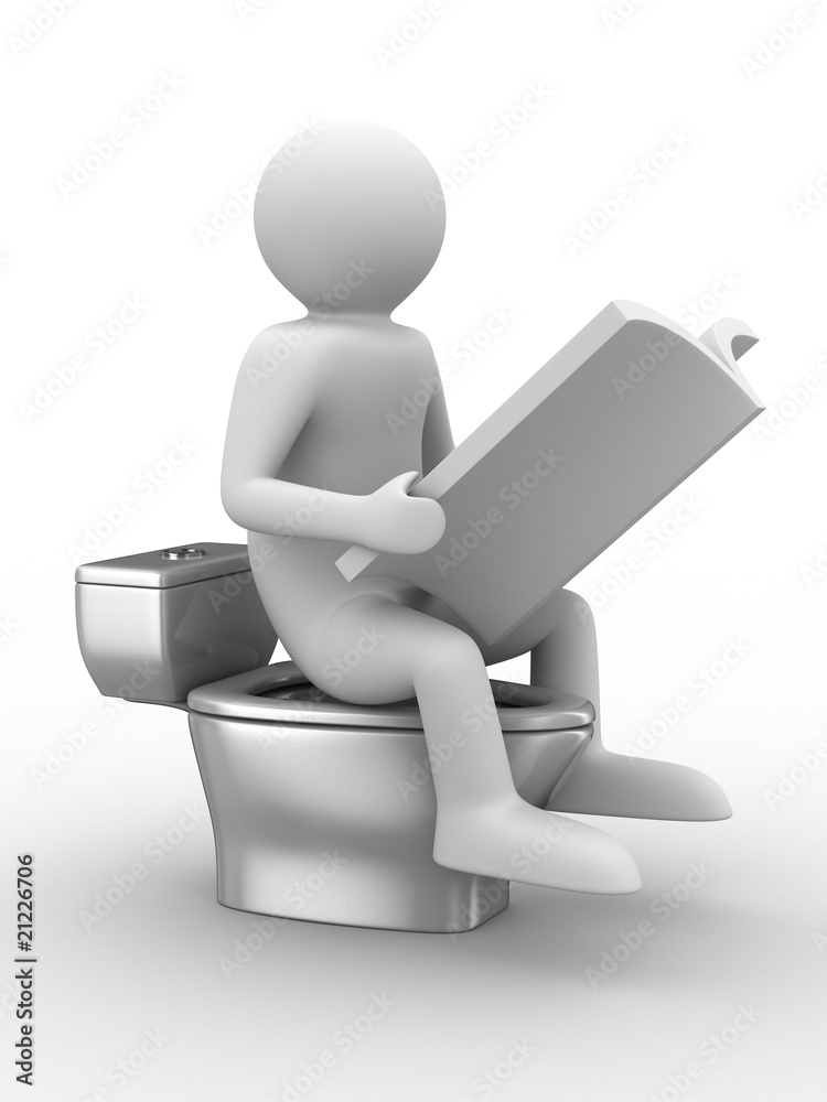 man sits on toilet bowl with magazine. Isolated 3D image man sits on toilet bowl with magazine. Isolated 3D image