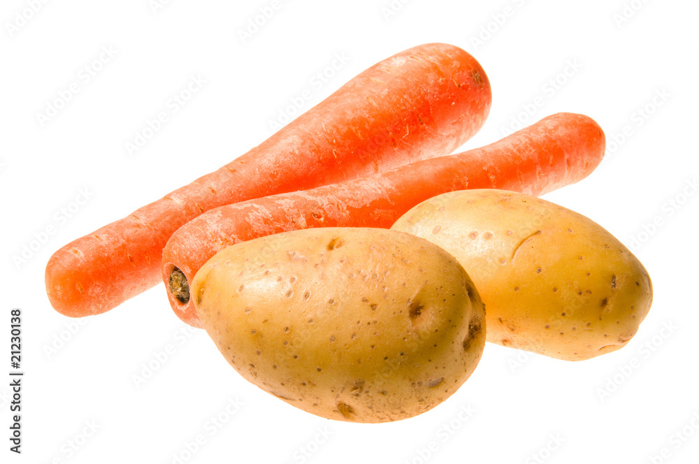 potatoes and carrots isolated on white background potatoes and carrots isolated on white background