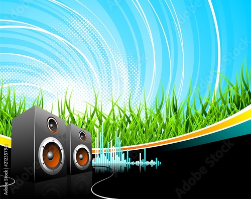 Music illustration with speakers on a field background.