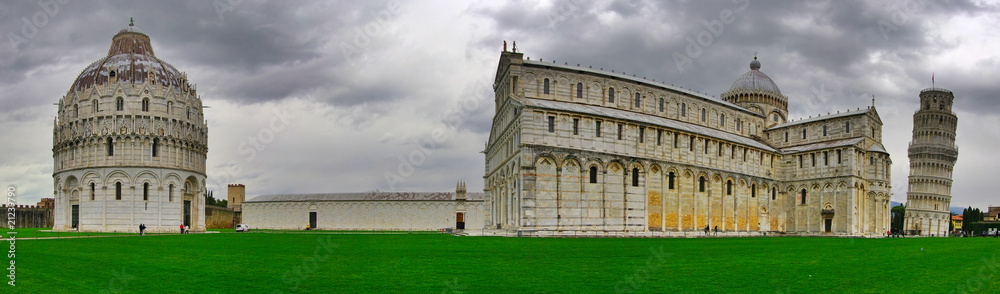 Panoramic view of the Piazza dei Miracoli in Pisa. Italy.