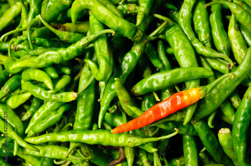 Green and Red Chillies at market. Kollam, Kerala, India Green and Red Chillies at market. Kollam, Kerala, India