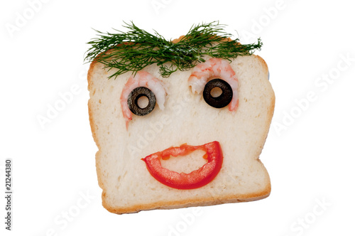 funny sandwich with dill hair on white