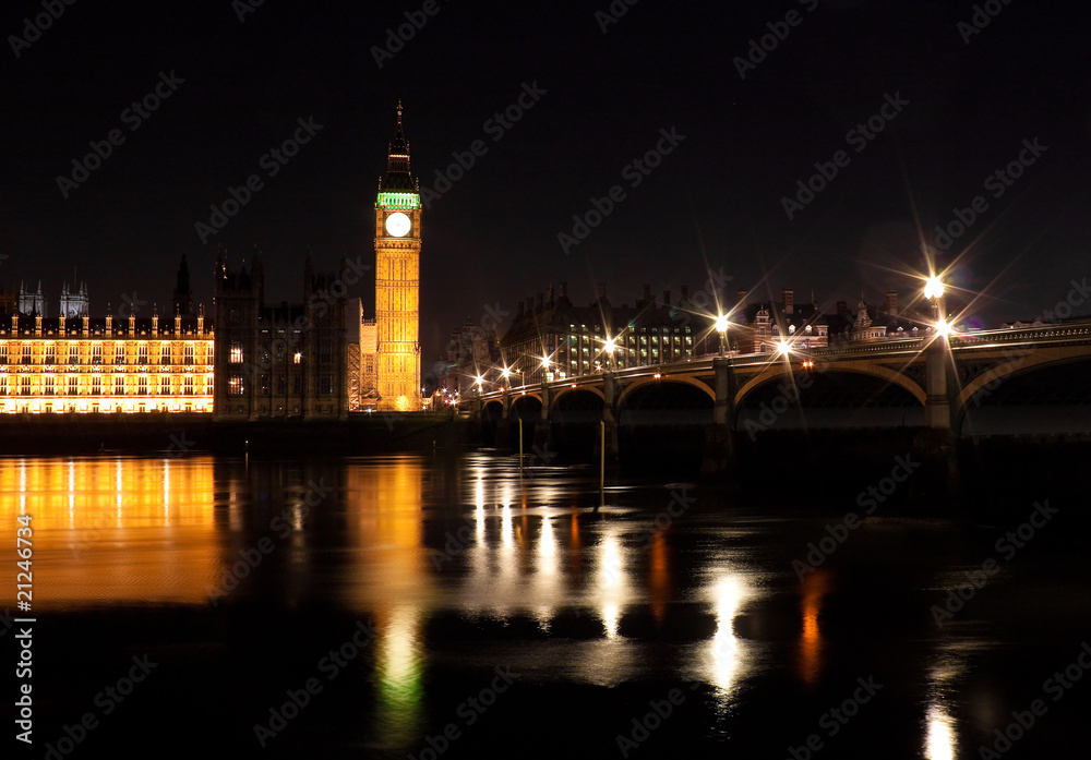 The Big Ben and Westminster Bridge at night