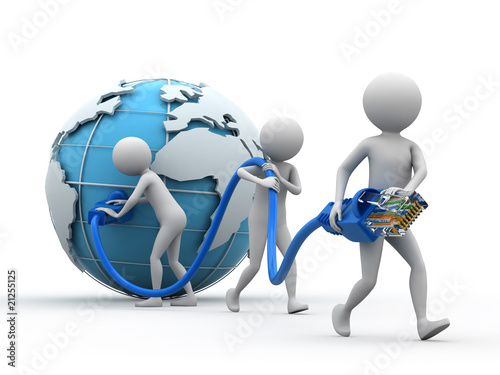 Team of people carrying an Internet cable.
