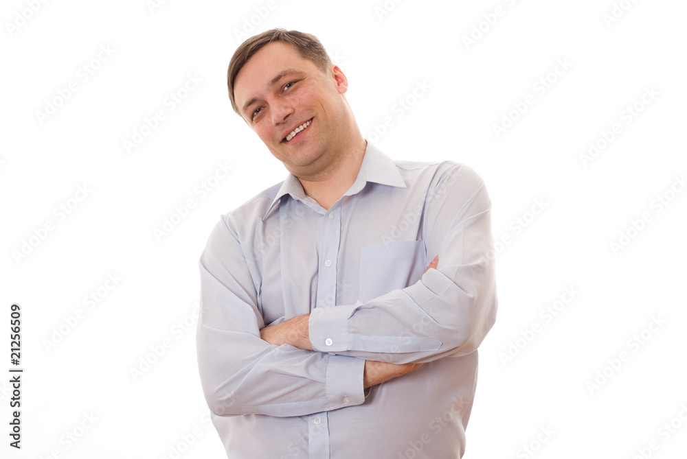 middle aged man with hands folded standing on white middle aged man with hands folded standing on white