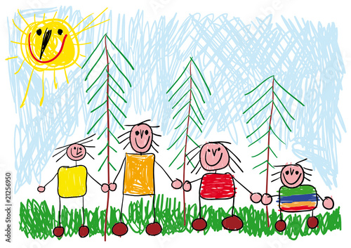 vector - happy family on a trip in the woods (child's drawing)
