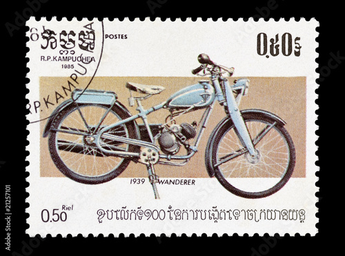 Kampuchean stamp featuring a vintage Wanderer motorcycle