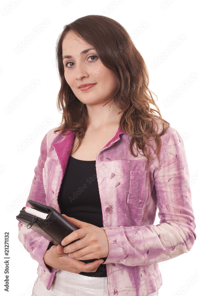 Young woman standing with notebook on a white background Young woman standing with notebook on a white background