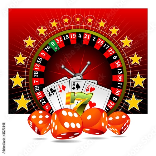 Vector casino illustration with roulette and game elements.