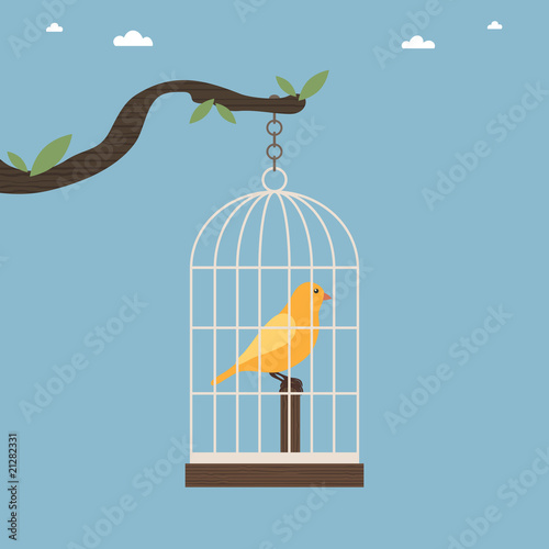 Yellow canary inside a bird cage hanging on a tree branch on a blue sky background vector