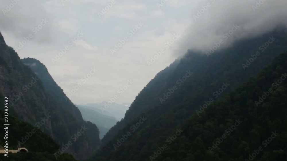 fog in mountains with forest landscape, panning, sochi, russia fog in mountains with forest landscape, panning, sochi, russia