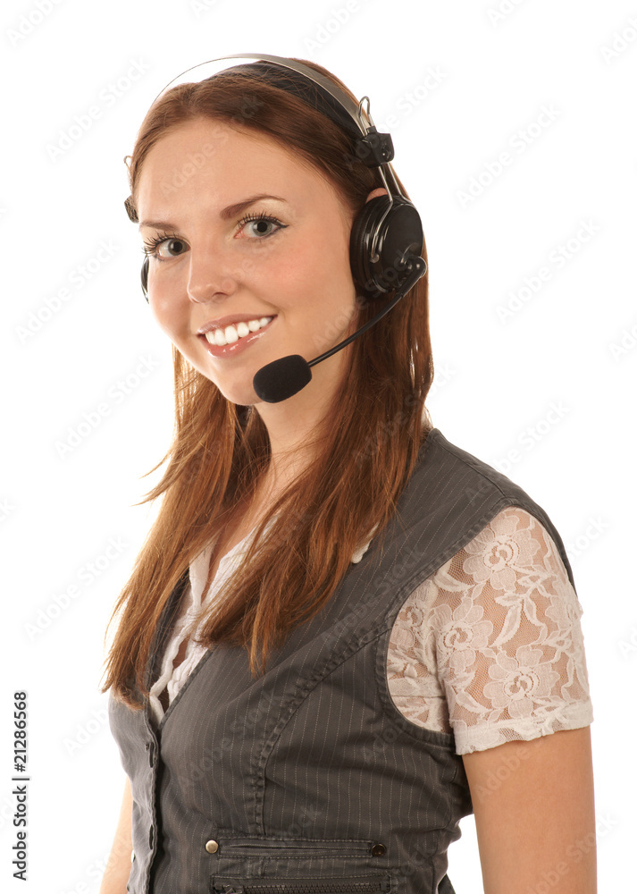 Smiling hotline operator on white background Smiling hotline operator on white background