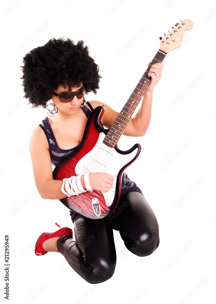 young guitarist girl holding guitar isolated over white young guitarist girl holding guitar isolated over white