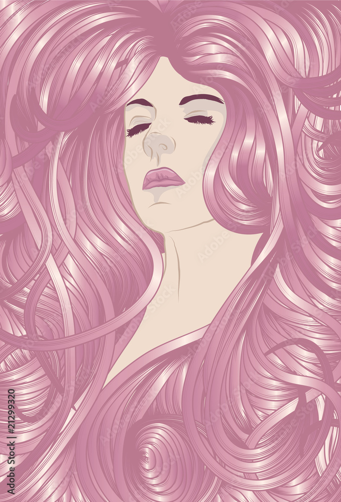 Woman's face with long detailed flowing pink hair