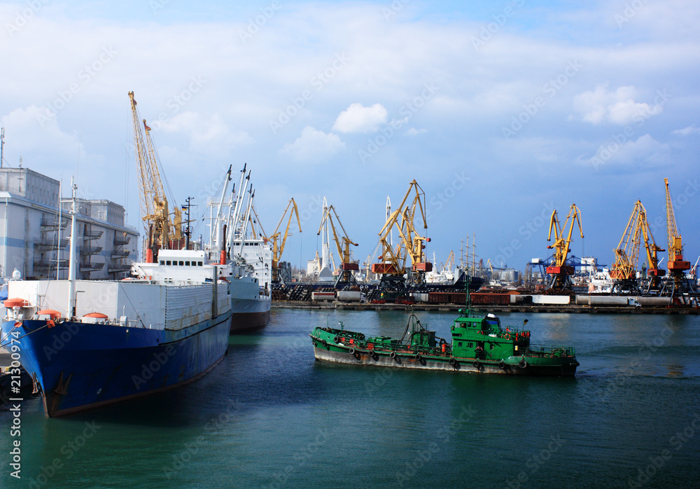 trading port with cranes and cargo ships