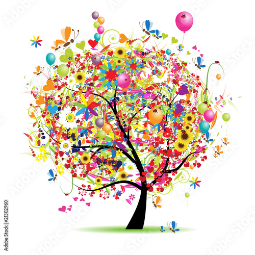 Happy holiday, funny tree with baloons