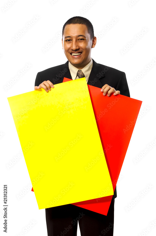 Business Man Hold Yellow and Red Sign