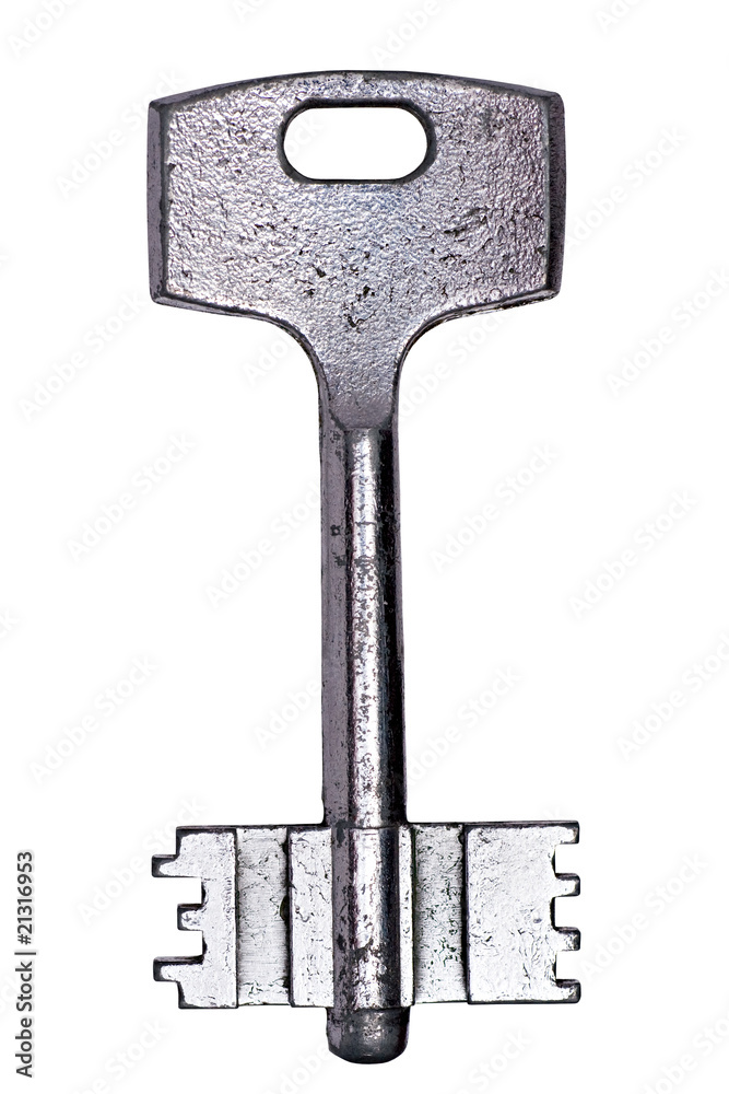 Macro view of an silver key, isolated on a white background Macro view of an silver key, isolated on a white background