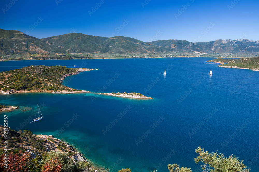 Yachts in Aegean sea near Poros, Greece