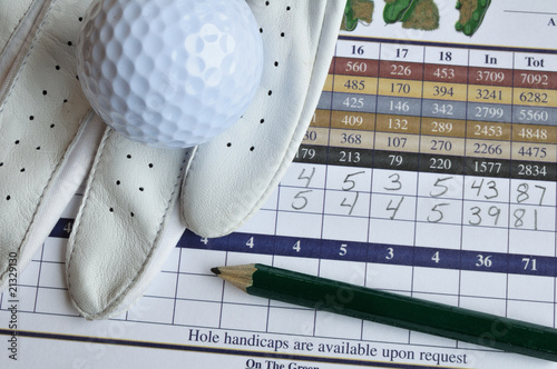 Golf Score Card with Glove, Pencil, & Ball