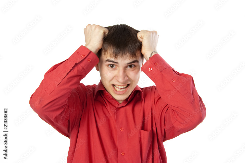 businessman in a red shirt screaming isolated on white businessman in a red shirt screaming isolated on white