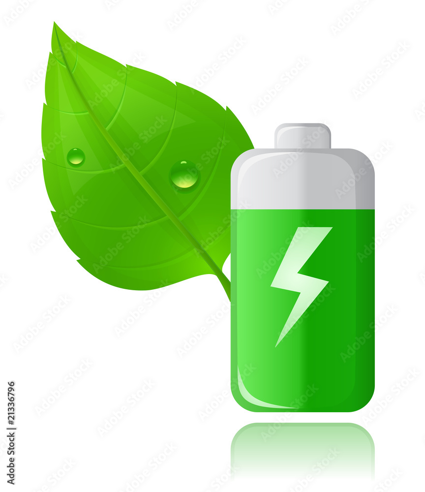 Green Battery and Green leaf with drops of water. Green Battery and Green leaf with drops of water.