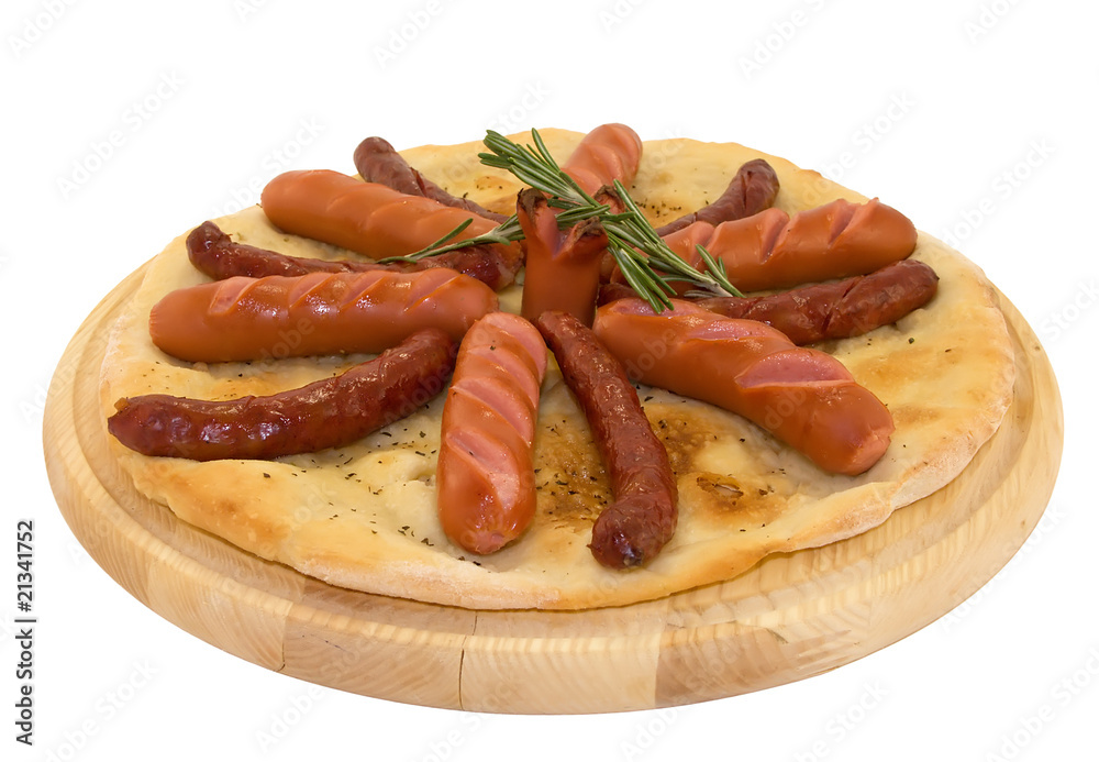 Grilled hot sausages and frankfurters on the pita bread Grilled hot sausages and frankfurters on the pita bread