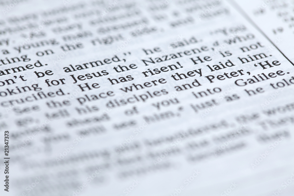 Open Bible with focus on text in Mark 16:6: Open Bible with focus on text in Mark 16:6:
