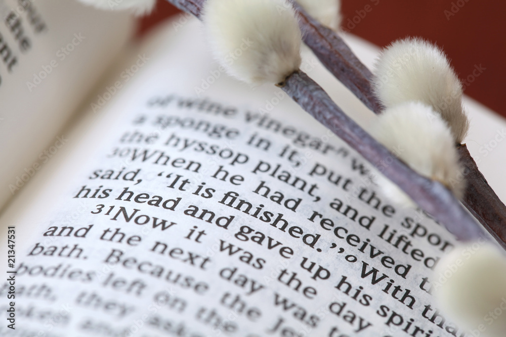 Fototapeta premium Open Bible with focus on text in John 19:30: