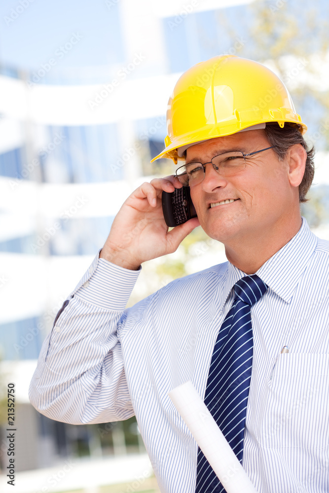 Contractor in Hardhat and Necktie Talks on His Cell Phone Contractor in Hardhat and Necktie Talks on His Cell Phone