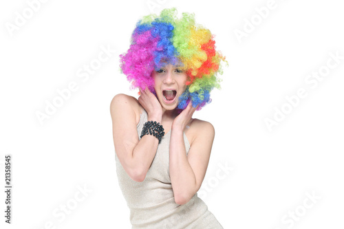 Excited young woman isolated against white background