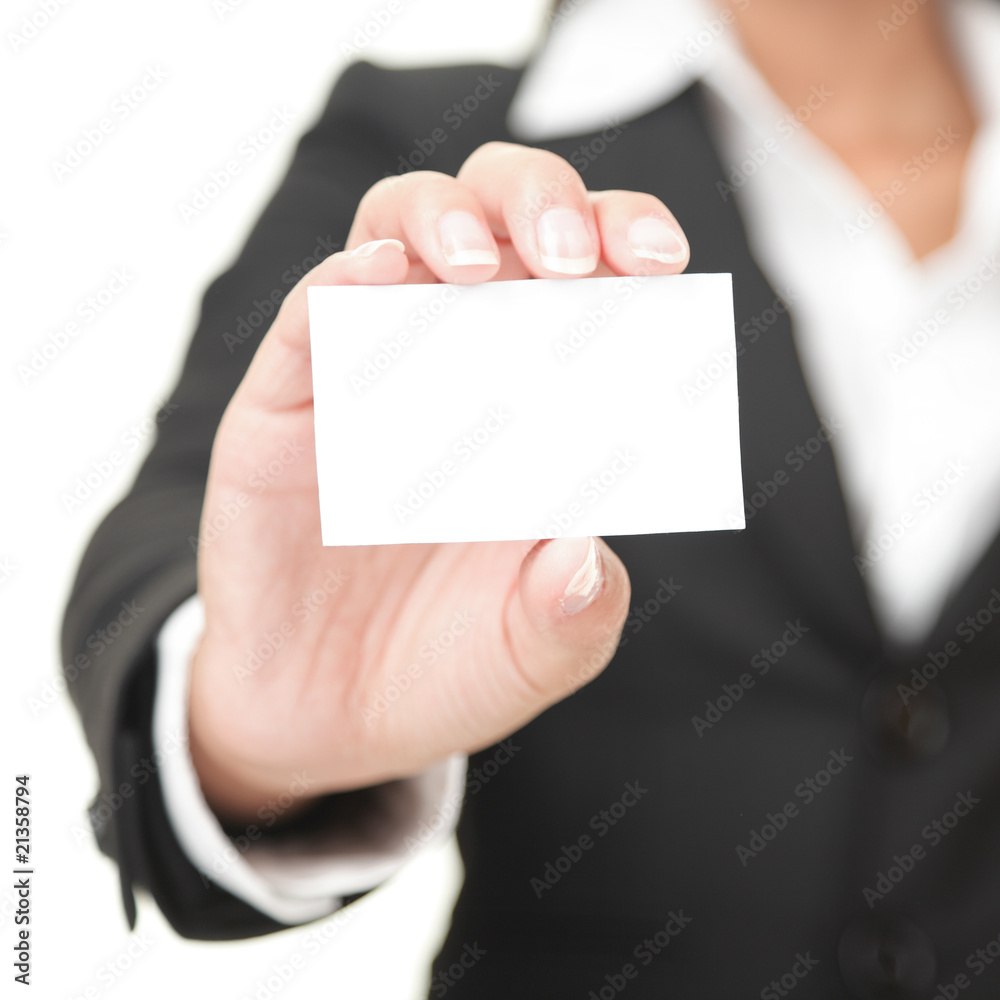 Business card - businesswoman holding blank sign Business card - businesswoman holding blank sign